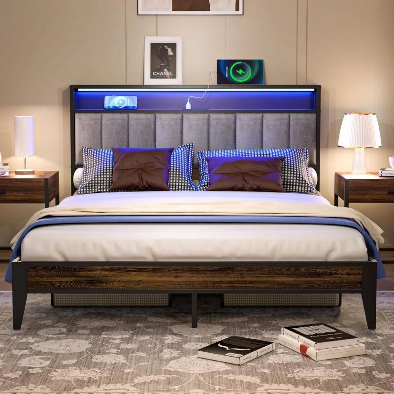 Queen Bed Frame, Queen Size Metal Platform with Storage & LED Light Headboard and 1 Type C & 2 USB Charging Station, No
