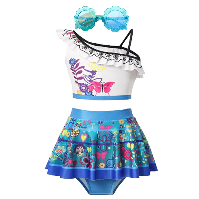 Strój kąpielowy na lato dla dziewczynek Encanto syrenka myszka miki w stylu księżniczki Bikini na plażę strój kąpielowy dziecięcy pływacki + okulary Disney