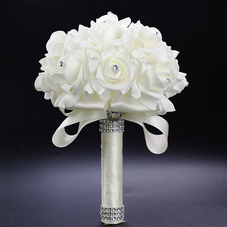 AYiCuthia Buket Pernikahan Romantis Pengiring Pengantin Wanita Dekorasi Pernikahan Buket Bunga Mawar Pengantin Putih Satin Holding S30