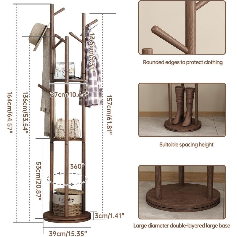 , Sturdy and Easy Assembly Coat Rack Stand for Entryway,Hallway Coat Rack Freestanding with 3 Shelves and 9 Hooks