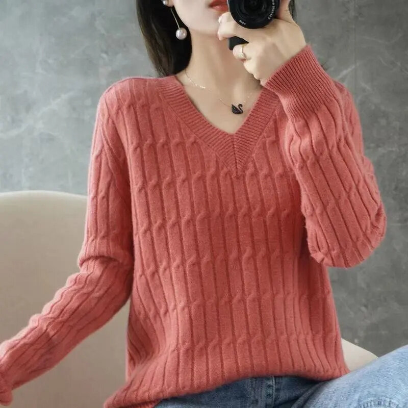 Женский вязаный свитер с V-образным вырезом, свободная рубашка, кашемировый джемпер, однотонный розовый свитер, весна-осень