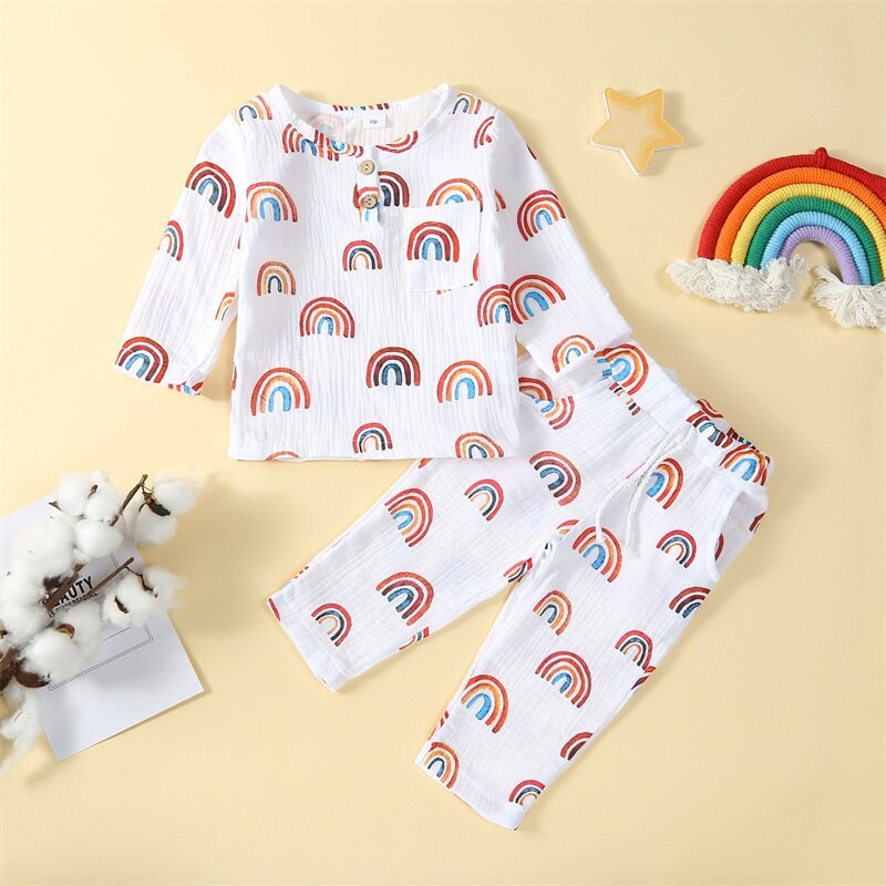 Kids Boys Rainbow Print Outfits Button Round Collar Long Sleeve Tops and Elastic Waist Long Pants 2Pcs Clothes Set