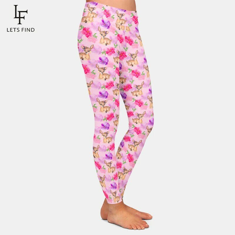 LETSFIND-Leggings elásticos con estampado de ciervos, flores y hojas para mujer, pantalones de Fitness de alta calidad, novedad