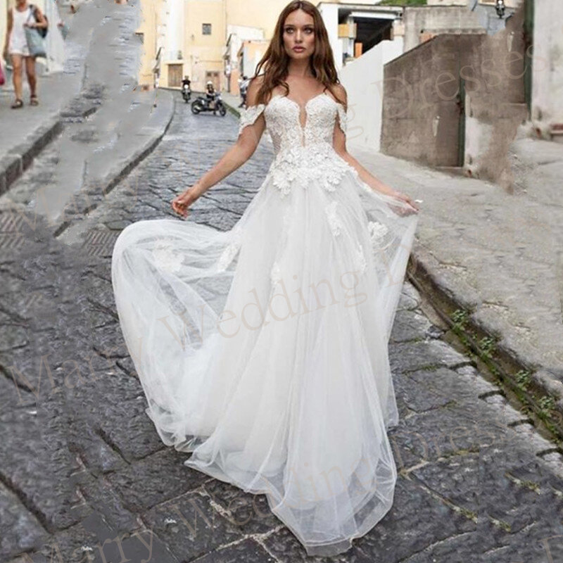 Boho Charming Sweetheart Wedding Dresses A-Line Lace Appliques Backless Off The Shoulder Bride Gowns Exquisite Robe De Mariée