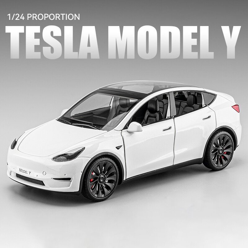 Tesla Model Y Model 3 Model S Alloy Die Cast Toy Car, infantil som e luz, colecionáveis, presente de aniversário, 1:24