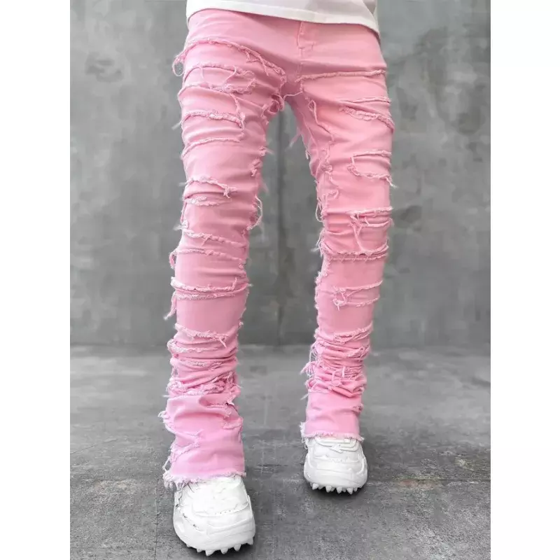 Jeans pria lurus gaya Eropa dan Amerika, CELANA Jin warna polos sobek elastis modis kepribadian jalanan y2k