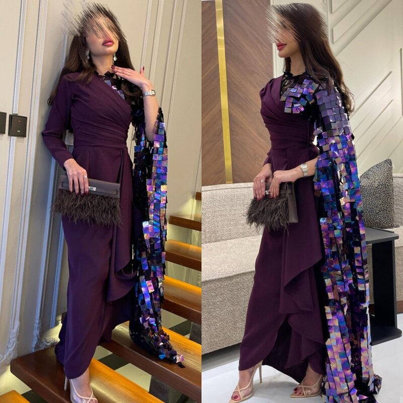 Abend Saudi-Arabien Trikot Falte Pailletten Heimkehr A-Linie hohen Kragen maßge schneiderte Anlass Kleid Midi Kleider