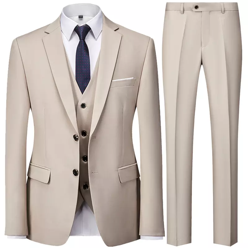 Traje de negocios informal de Color sólido para hombre, conjunto de 3 piezas, chaqueta con dos botones, pantalones, chaleco