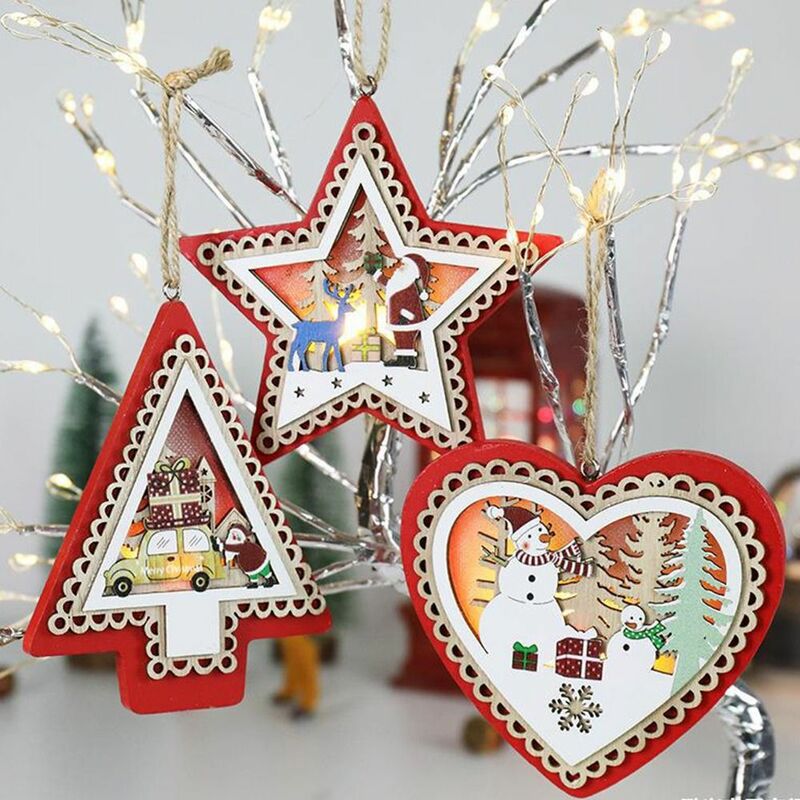 Hanging Hole Design Christmas ciondoli incandescenti in legno artigianato in legno ciondoli luminosi in legno pentagramma Elk