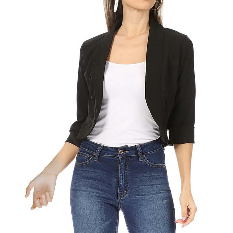 3/4 Sleeves Women Blazer Autumn Cardigan Slim 3/4 Sleeves Formal No Button Elegant Office Lady Short Suits Coat