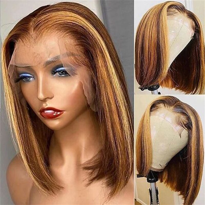 P4/27 Highlight Brown Straight Bob Wig 4x4 Lace Closure Human Hair Ombre Color 8-20 Inch Pre Plucked Frontal Bob Wigs for Women