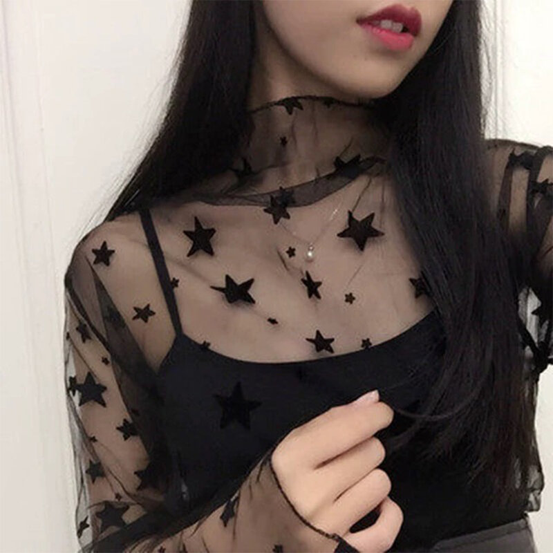 Koreańskie seksowna siatka topy damskie przeźroczyste kabaretki koronkowe t-shirty Harajuku casualowe bluzki przeciwsłoneczne z długim rękawem