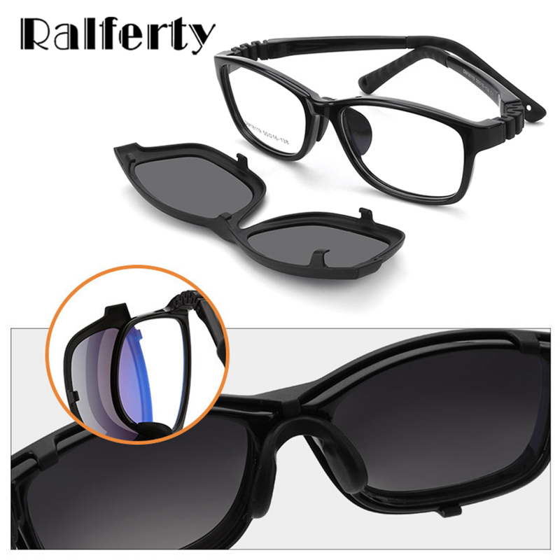 Ralferty-Óculos Polarizados Clipes em Óculos para Crianças, Miopia Eyewear Frame, Óculos Prescrição, Frame Óptico, 0 Dioptra, 2 em 1