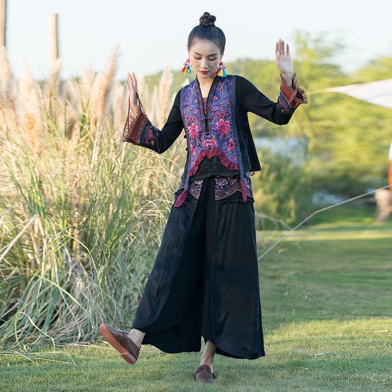Pantalon traditionnel chinois harajuku pour femmes, vintage, fleur, littérature, jambes larges, élastique, audistraight, jupe, 2024