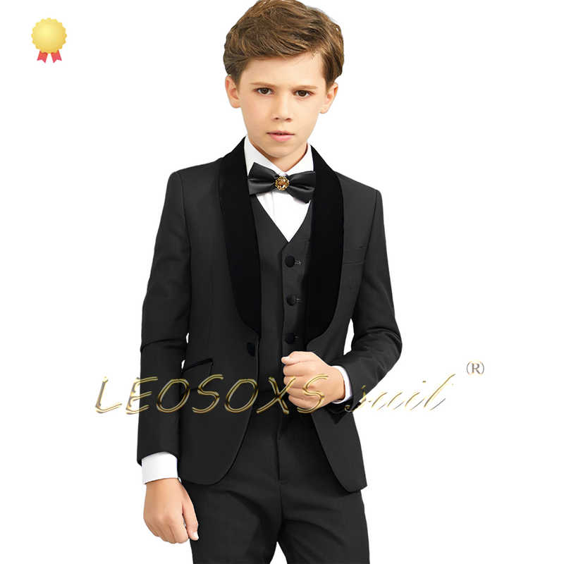 Boy's Customized 3-Piece Terno Set, jaqueta, colete, calças, xale, colarinho, casamento, aniversário, crianças