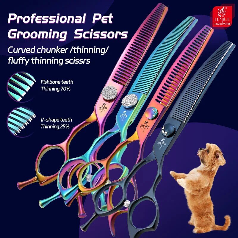 Fenice Professional 7.0/7.25/7.5 Inch JP440C Colorful Dog Grooming Shears Curved Thinning Chunker Scissors for Dog Face Body