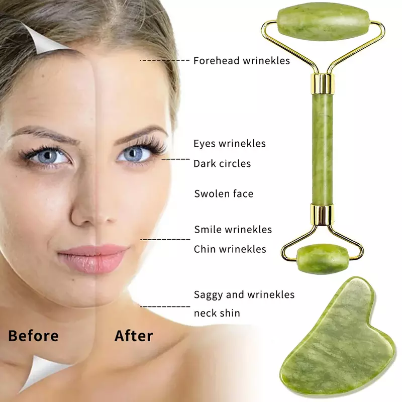 Natural Stone Guasha Massage Tool Set, rolo de jade, rosto, SPA, corpo, rosto visível e visível