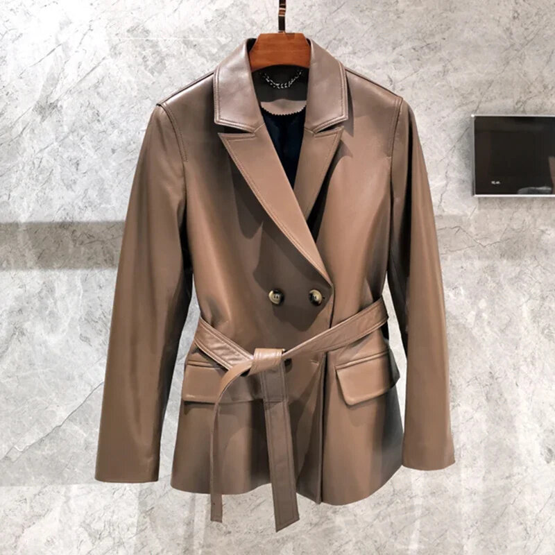 Blazer de couro genuíno feminino com trespassado duplo, casaco de pele de carneiro 100% real, primavera, outono, nova moda, cintos, 2022