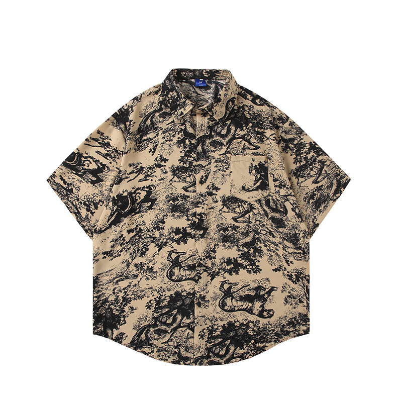 Рубашка в национальном стиле с принтом плитки, летняя рубашка из ледяного шелка с короткими рукавами для мужчин, модная повседневная рубашка в гонконгском стиле