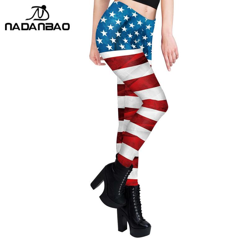 Nadanbao Independence Day White Stripe Printing Women Elastic Tights Sexy Holiday Party Pants Female Fashion Mid Waist Trousers