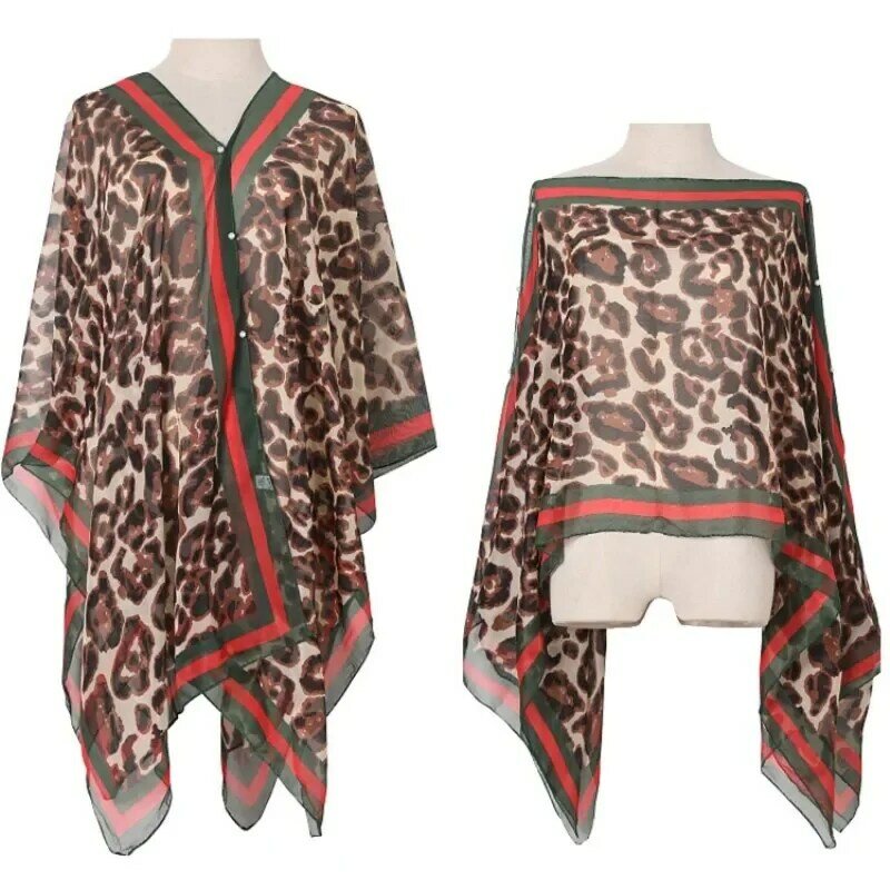 Leopard Print Sunscreen Shawl, Imitation Silk, Manto, Poncho Capes, Pára-sol, Protetor solar, Verão, Vermelho, Novo, 2024