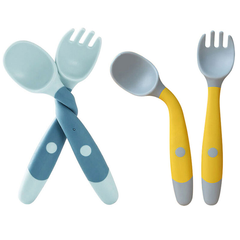 Juego de utensilios auxiliares flexibles para bebé, juego de vajilla de silicona, cuchara, tenedor, aprender a comer