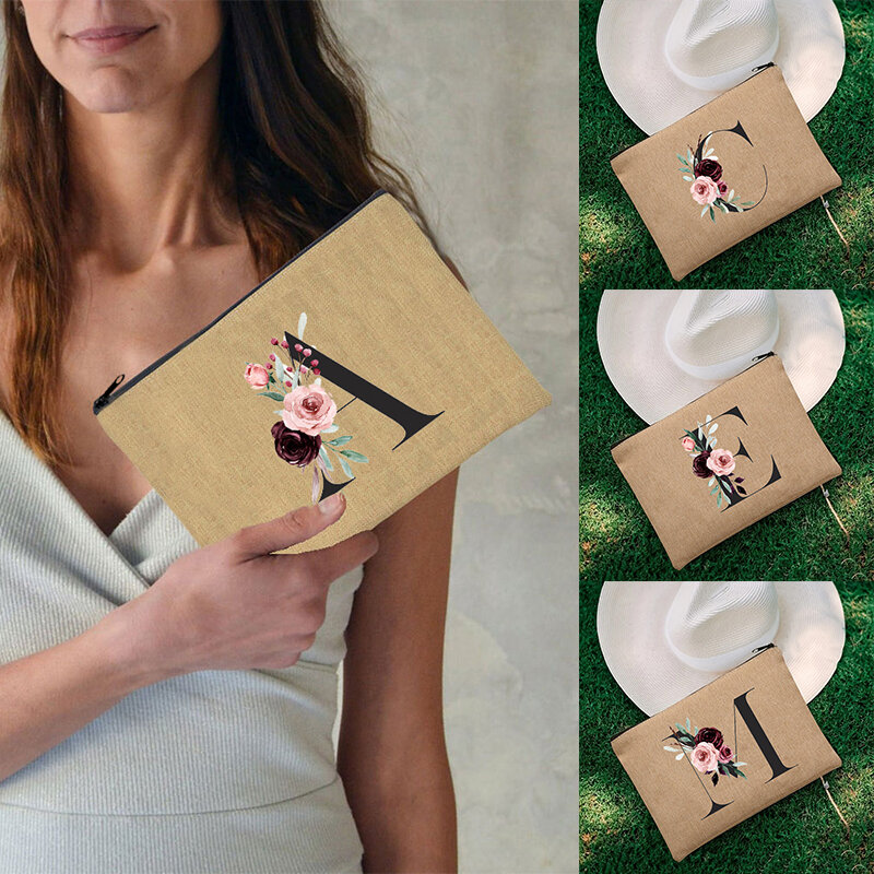 Комбинированная Льняная сумка для помады с буквами и цветами, дорожный клатч с буквами и шрифтами, женский простой клатч с ремешком на запястье, сумка для обуви
