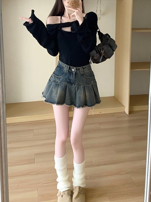 Jupe courte plissée en jean pour femme, streetwear décontracté, ligne A, vintage, mode coréenne, esthétique, rétro, sexy