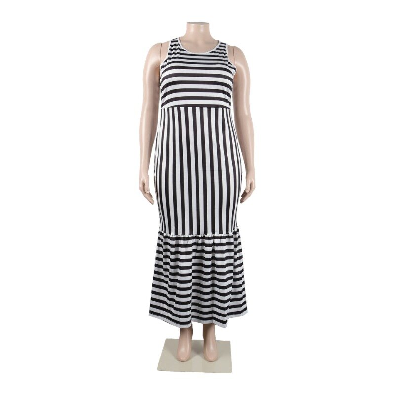 Wsfec L-3XL Dresses for Women 2023 Plus Size Summer Clothing Fashion Stripe Patchwork Sleeveless Casual Long Dress Dropshipping