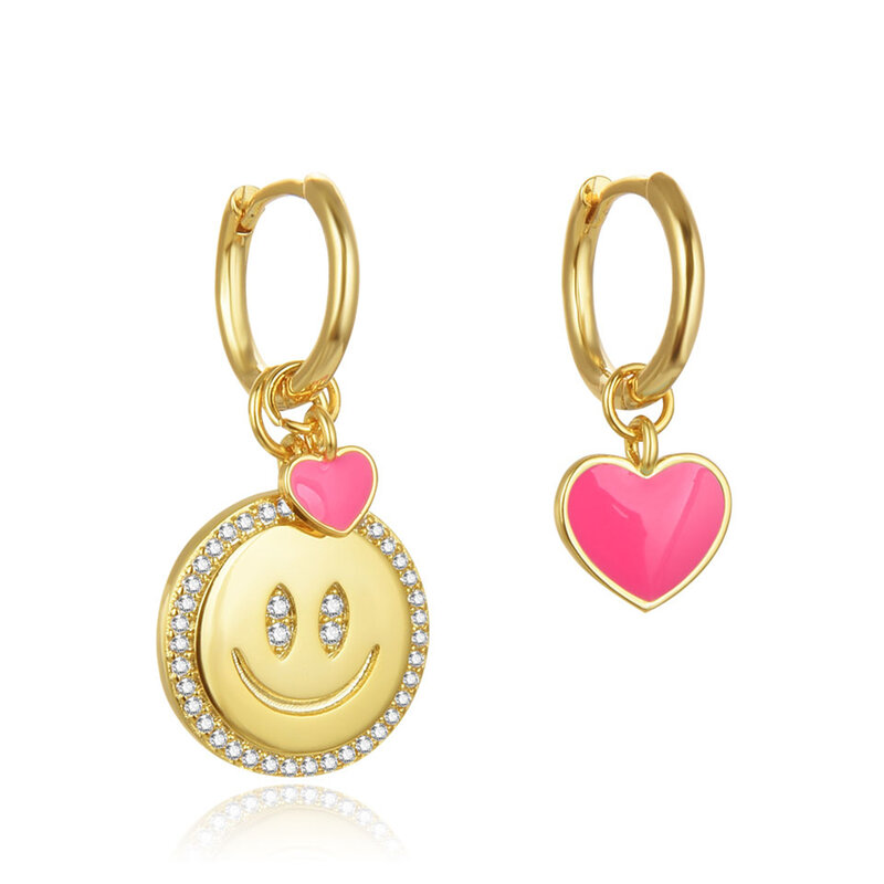 Orecchini pendenti con cuore smaltato con zirconi cubici Micro pavé di zirconi con gocce per il viso pendenti orecchini per le donne Smiley CZ Hoop Ear Rings