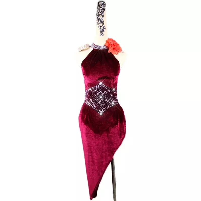벨벳 라틴 댄스 원피스 여성용 라인석 섹시한 프린지 삼바 코스튬 살사 탱고 볼룸 경연 대회 드레스, 신제품