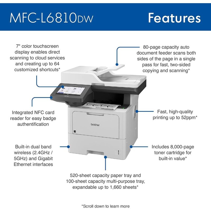 Imprimante tout-en-un, Multifonction, Laser monochrome, MFC-L6800DW, Réseau sans fil, Impression et numérisation mobiles