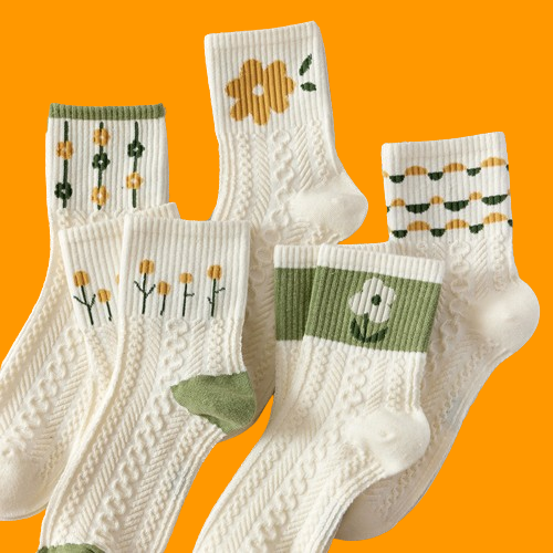 5/10 Paar Nieuwe Groene Sokken Herfst En Winter Japanse Fris Wit Midden Sokken Schattige Kleine Bloem Sokken