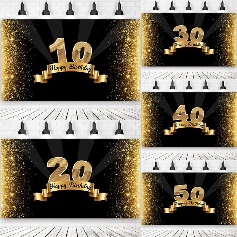 Décoration de fond de fête d'anniversaire pour adultes, bannière de photographie, noir et or, champagne, 60e anniversaire, 10-90 ans