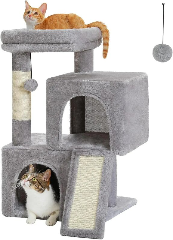 Kattenboomtoren met dubbele appartementen voor katten binnenshuis, pluche huis met gewatteerde baars, krazende helling en palen, 30 inch