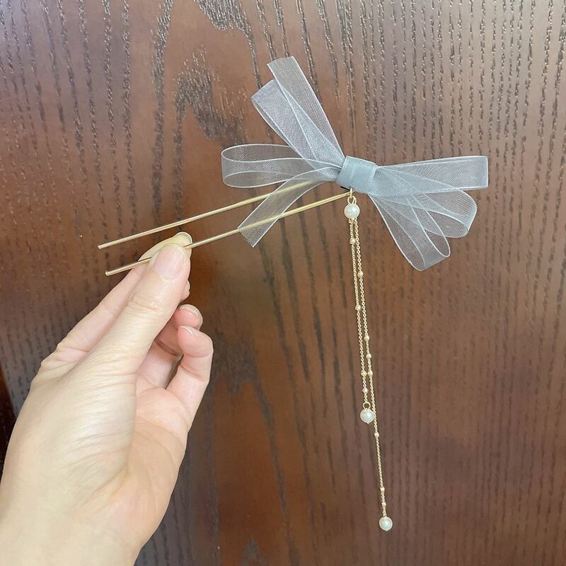 Vintage Antiquity Mesh Fairy Pearl Alloy Tassel Hair Clip Bow Hair Stick Hair Accessories Tools Female Hair Fork