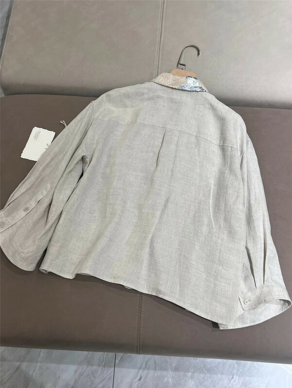 Camisa casual de linho de algodão feminina e shorts de cintura alta, terno primavera, 2 conjunto de roupas, B * C, 2024