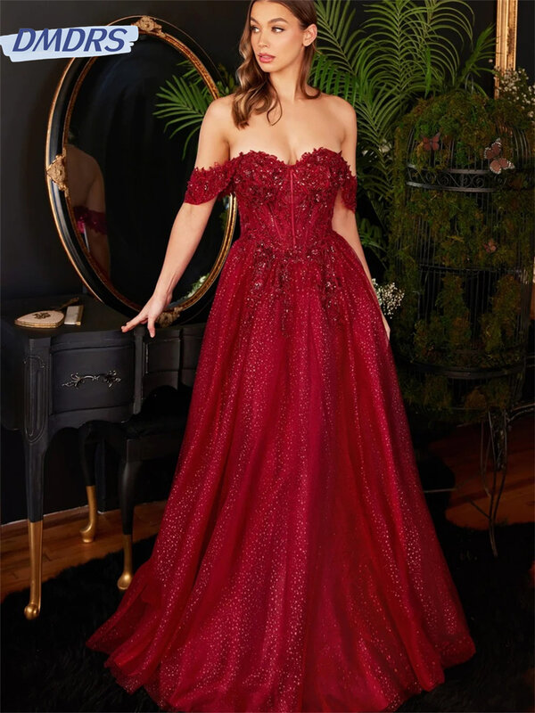 Gaun bahu terbuka elegan 2024 klasik gaun malam lengan pendek renda modis bentuk huruf A gaun panjang lantai Vestidos De Novia