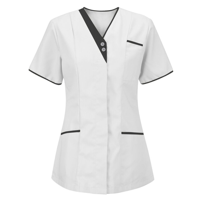 여성용 간호사 유니폼, 반팔 브이넥 상의, 작업 유니폼, 단색 포켓 블라우스, 스크럽 간호사 유니폼 클리니코