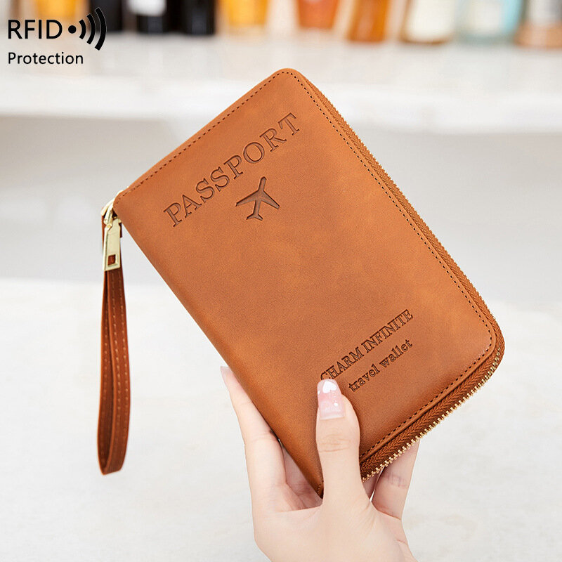 New Leather Passport Cover RFID Blocking Card Holder Zipper Wallet Travel Essentials Phone Bag International Travel Accessories