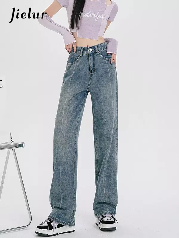 بنطلون جينز نسائي غير رسمي من Jielur بتصميم كوري بخصر عالٍ من قماش الدنيم فضفاض جديد للصيف جينز فضفاض عتيق بأرجل واسعة Y2k