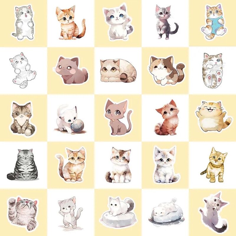 10/50 buah Kawaii lukisan Cat air kucing stiker Pak untuk anak-anak kartun lucu Graffiti buku tempel bagasi stiker Laptop