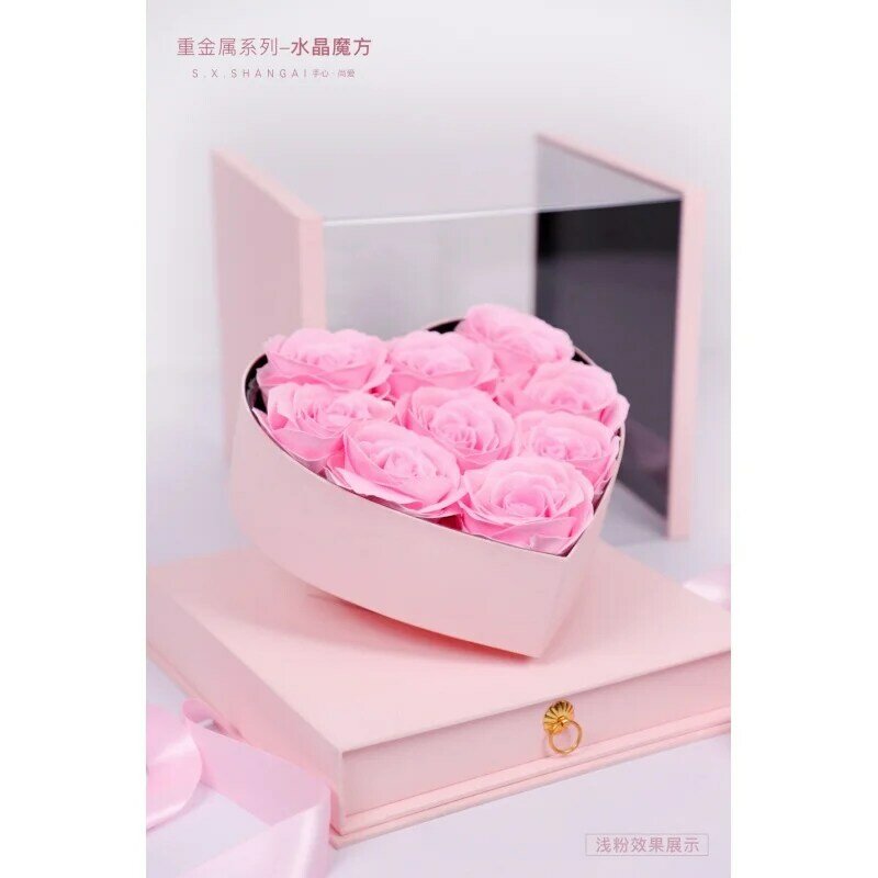 Custom  Custom Luxury Square Acrylic Full Window Flower Box Inside Heart Shaped Rose Box Valentine's Day Gift Box With Drawer An