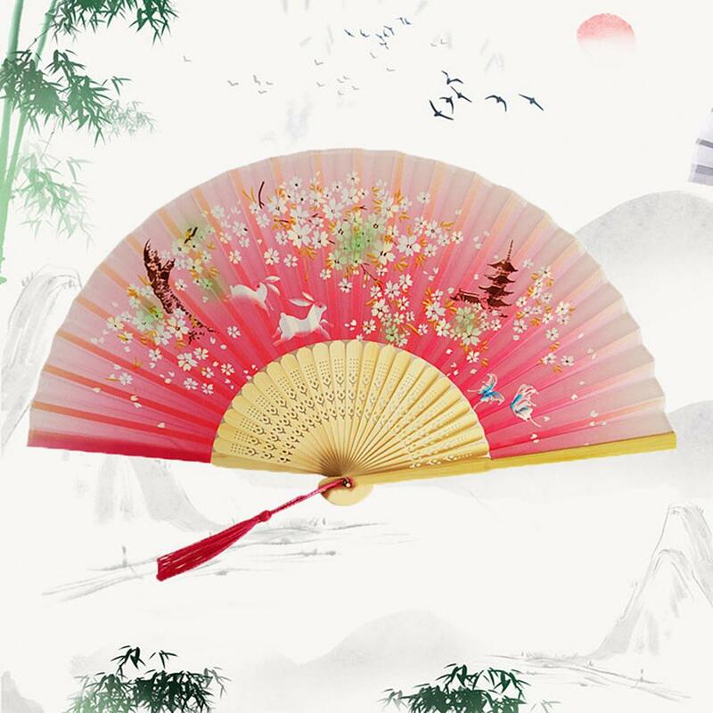 Chinese Style Silk Folding Fan with Tassels Elegant Craftsmanship Folding Fans Dance Wedding Party Favor Bamboo Bone Ornaments