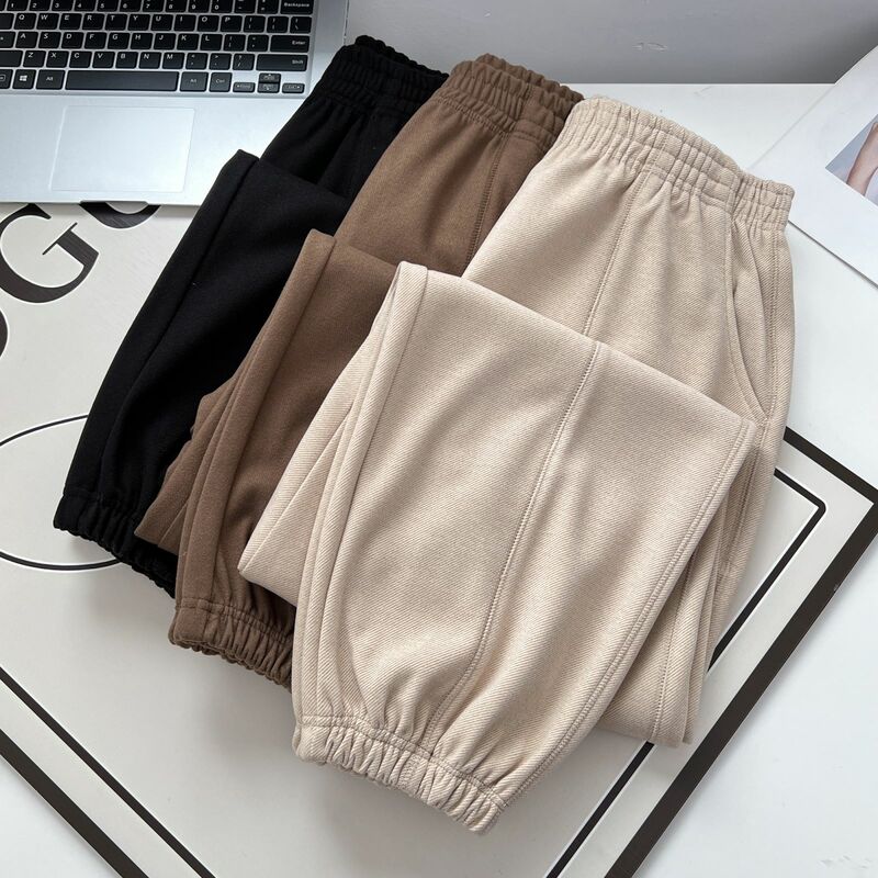 2023 Autumn Winter 100kg Elastic Waist Drawstring Tweed Pants Plus Size Women's Casual Woolen Ankle Length Trousers