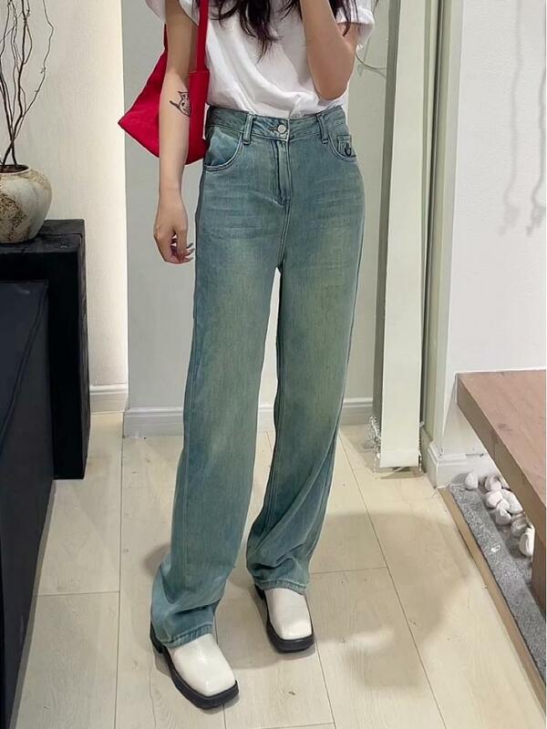 Джинсы FINEWORDS с вышивкой улыбка, женские повседневные свободные джинсы с эффектом потертости, винтажные джинсы с высокой талией, Корейская уличная одежда, джинсовые брюки