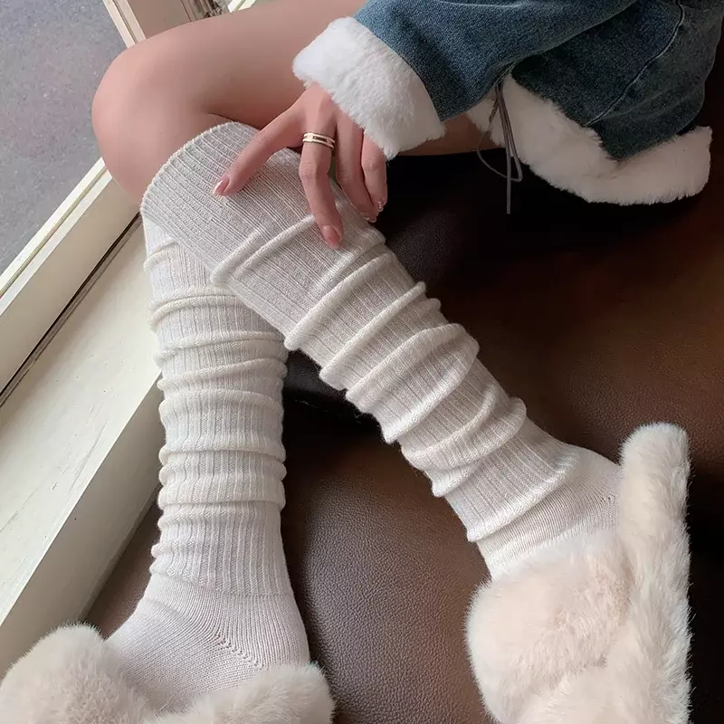 Women Long Socks Cashmere Women Boot Solid Wool Thigh Stocking Skinny Casual Cotton Over Knee-High Fluffy Female Long Knee Sock