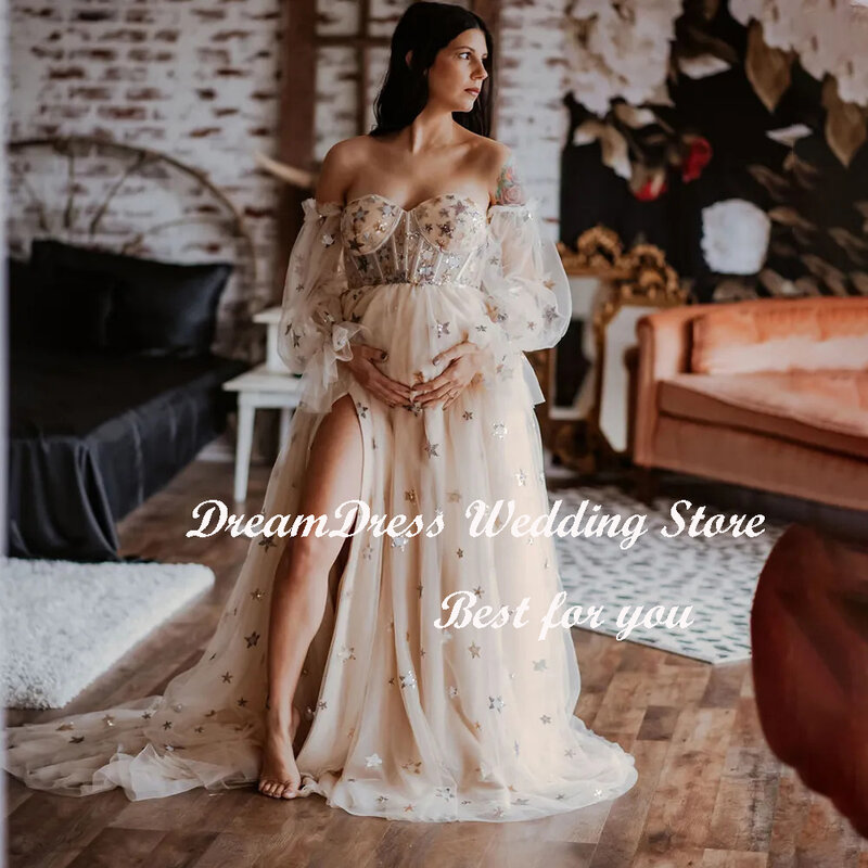 Vestido de maternidade DREAM-Sequin Stars, mangas compridas inchadas, espartilho fora do ombro, alta divisão, vestidos de casamento, mulheres grávidas