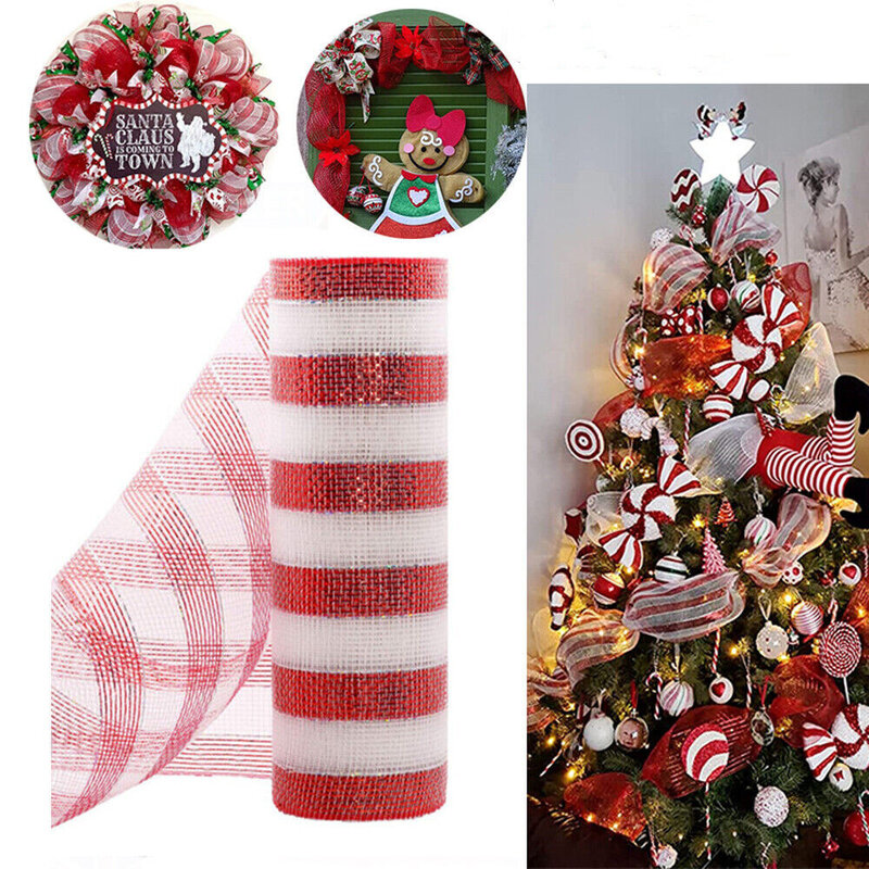 Red & White Candy Cane Decor Mesh Roll 26cmx10yard Christmas Wreath Tree Stripes Serpentina De Navidad 2022