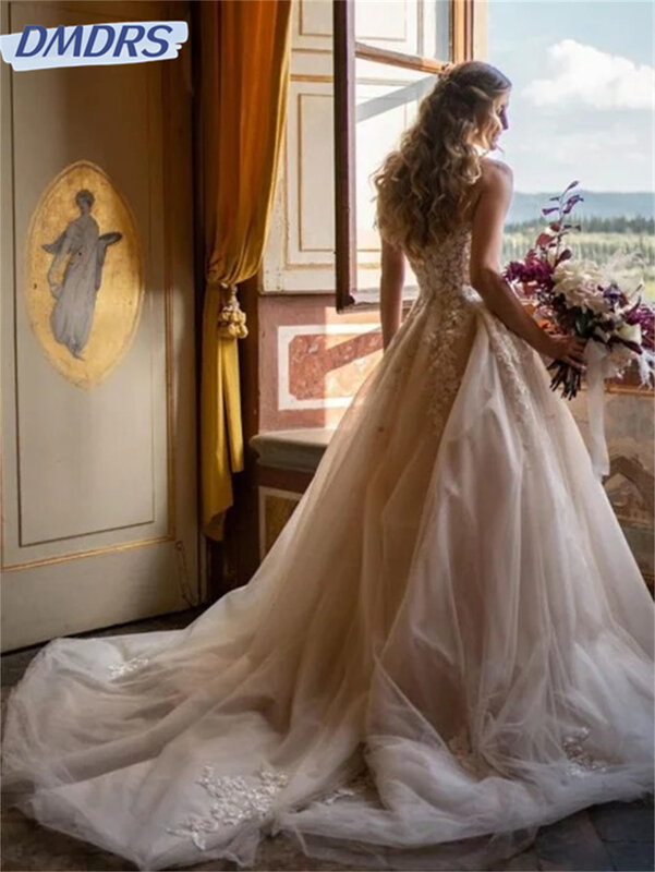 Elegante vestido de noiva sem alças, até o chão, tule encantador, vestido de casamento romântico, A-Line, 2024